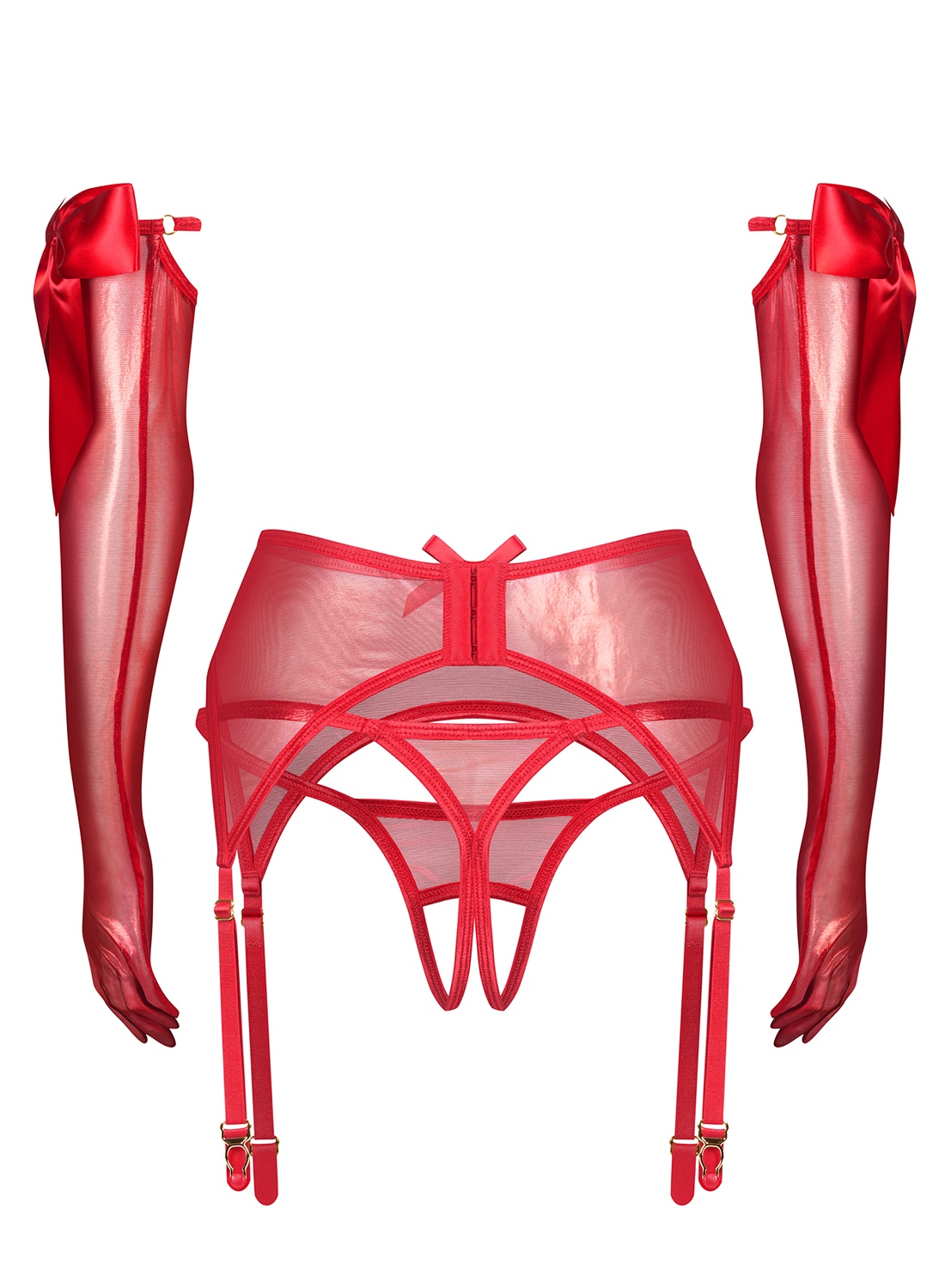 Obsessive Gifty Red komplet: rękawiczki, pas do pończoch i stringi z otwartym krokiem