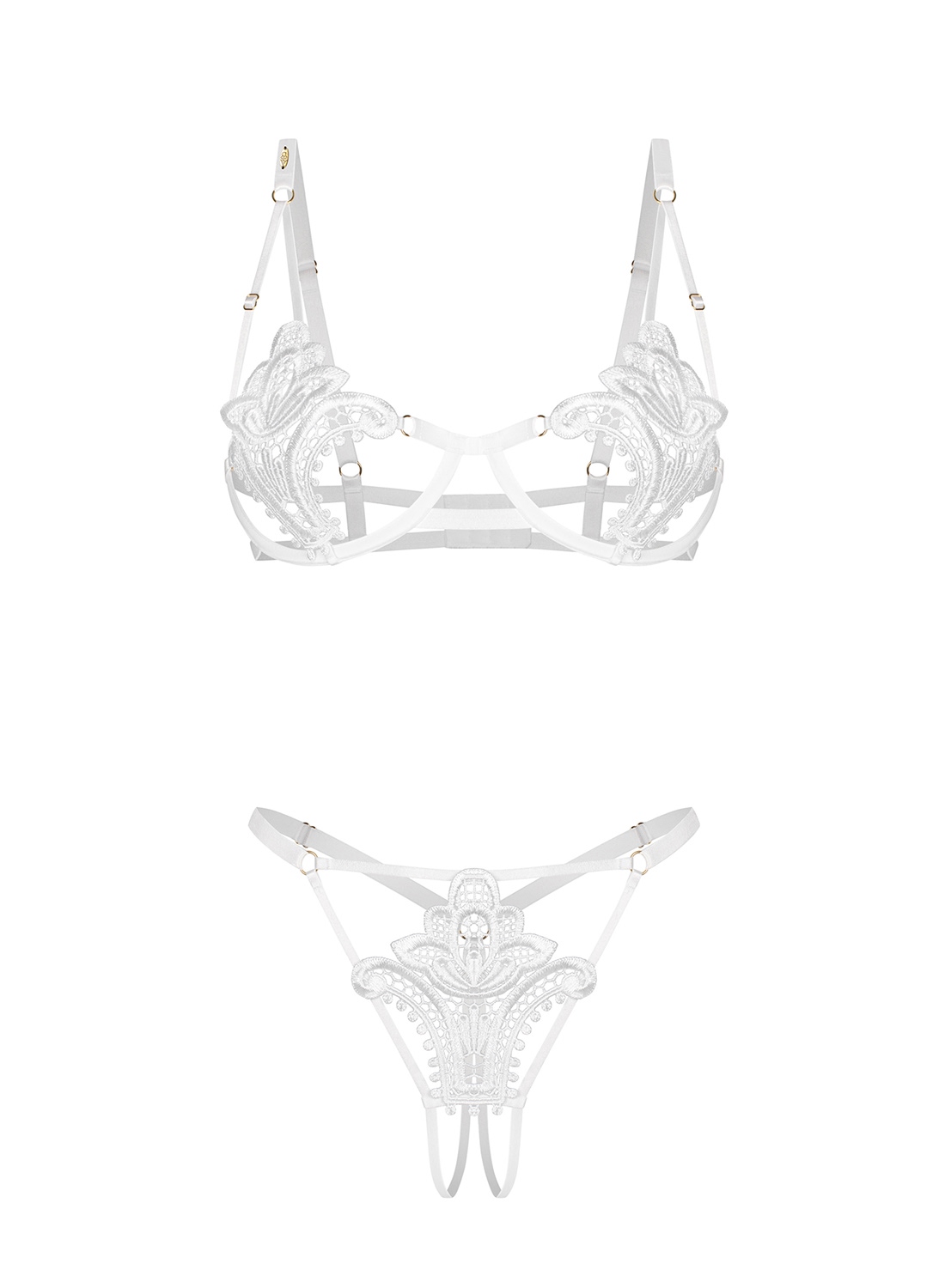 Obsessive Luise Sublim White komplet: otwarty biustonosz i stringi z otwartym krokiem
