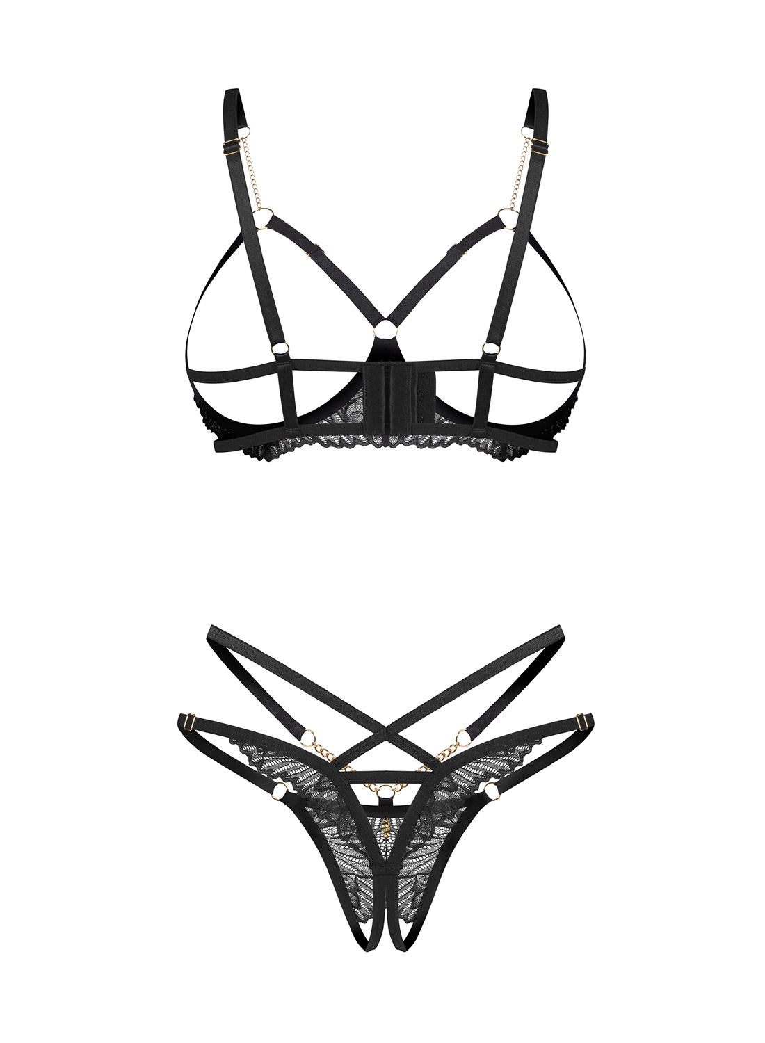 Obsessive Matildea Black komplet: biustonosz i stringi z otwartym krokiem