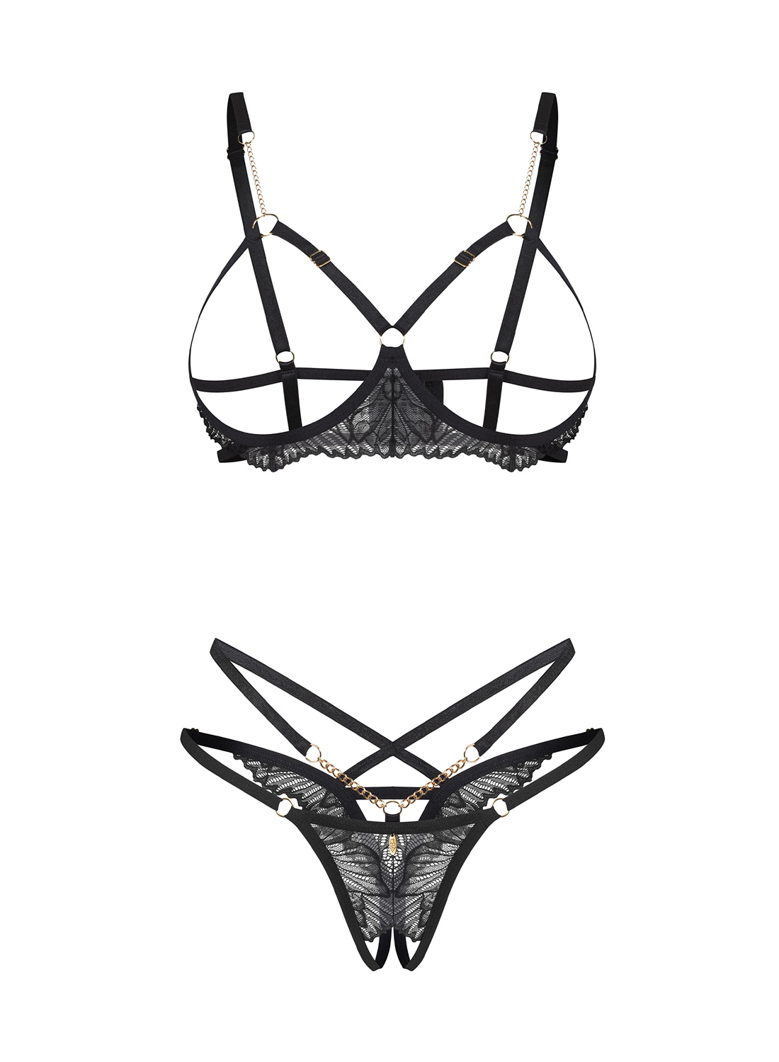 Obsessive Matildea Black komplet: biustonosz i stringi z otwartym krokiem