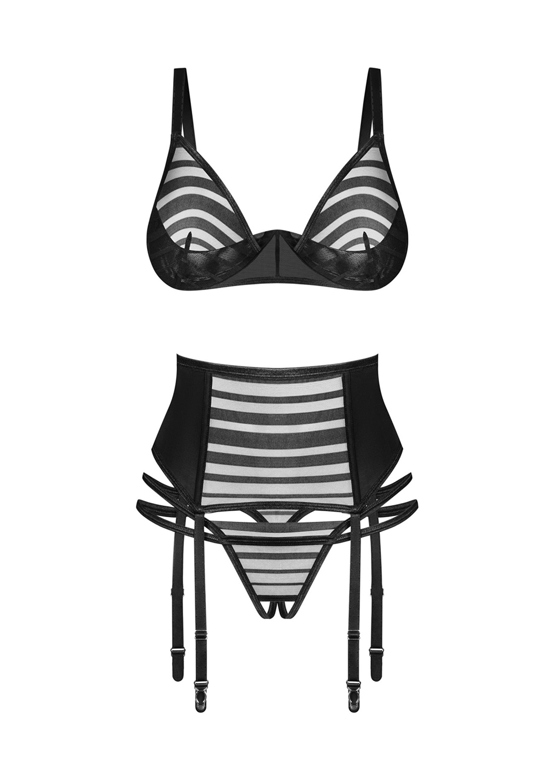 Obsessive Lune Bellis komplet: biustonosz, pas do pończoch i stringi z otwartym krokiem