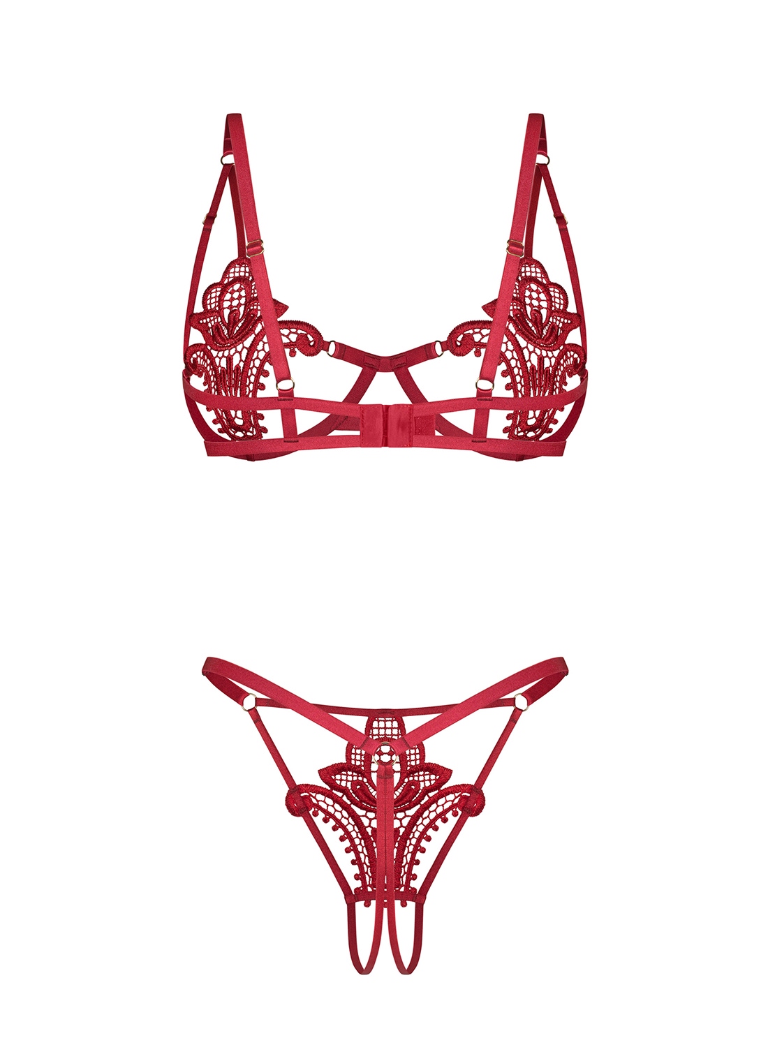 Obsessive Luise Sublim Red komplet: otwarty biustonosz i stringi z otwartym krokiem