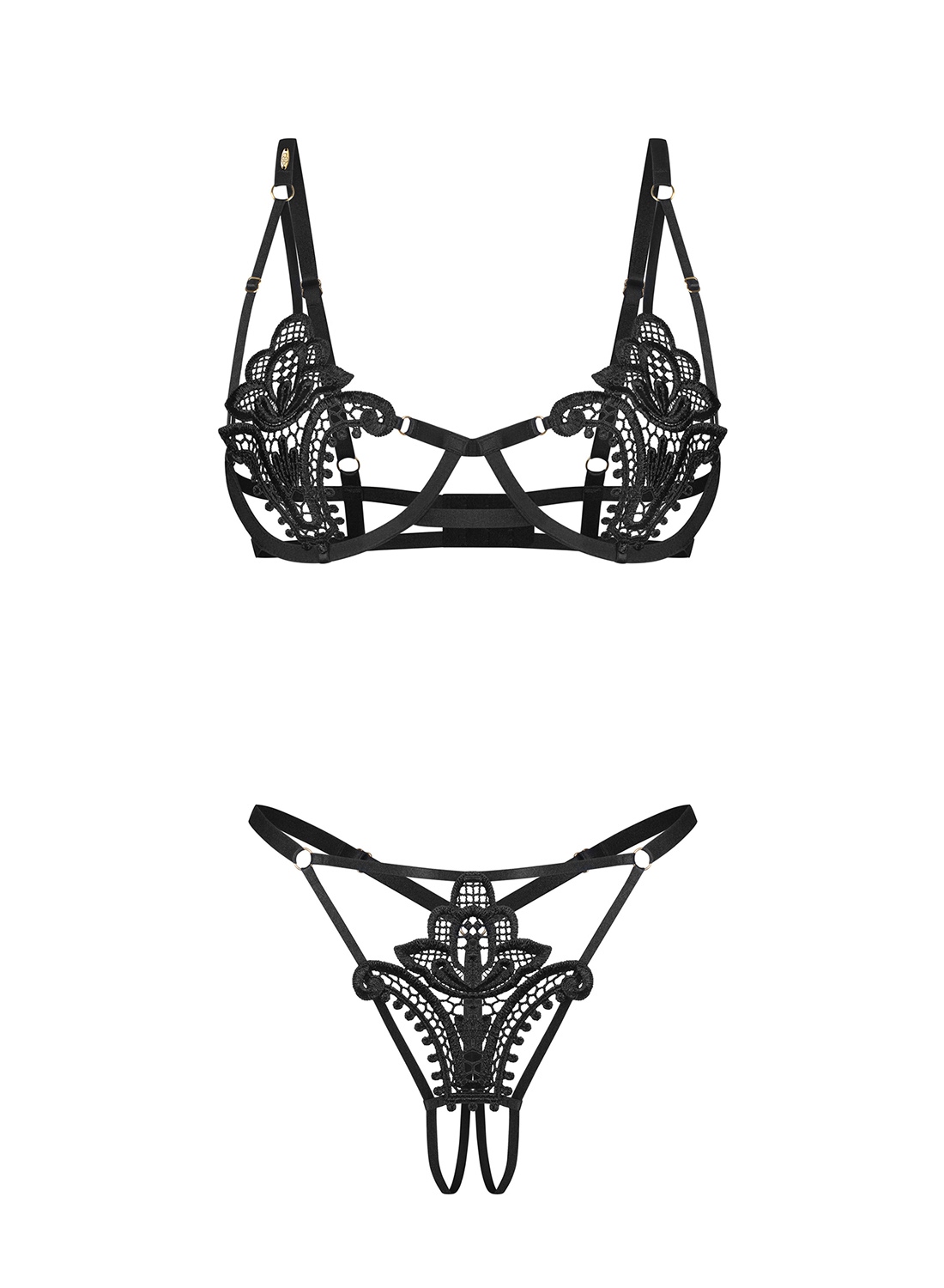 Obsessive Luise Sublim Black komplet: otwarty biustonosz i stringi z otwartym krokiem