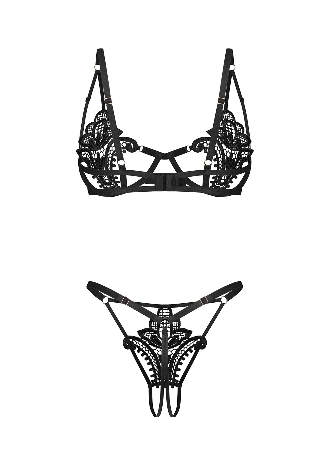 Obsessive Luise Sublim Black komplet: otwarty biustonosz i stringi z otwartym krokiem