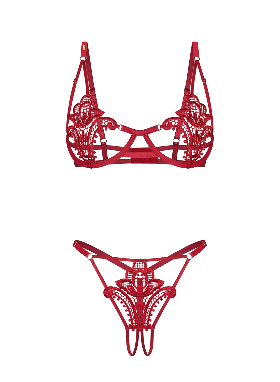 Obsessive Luise Sublim Red komplet: otwarty biustonosz i stringi z otwartym krokiem