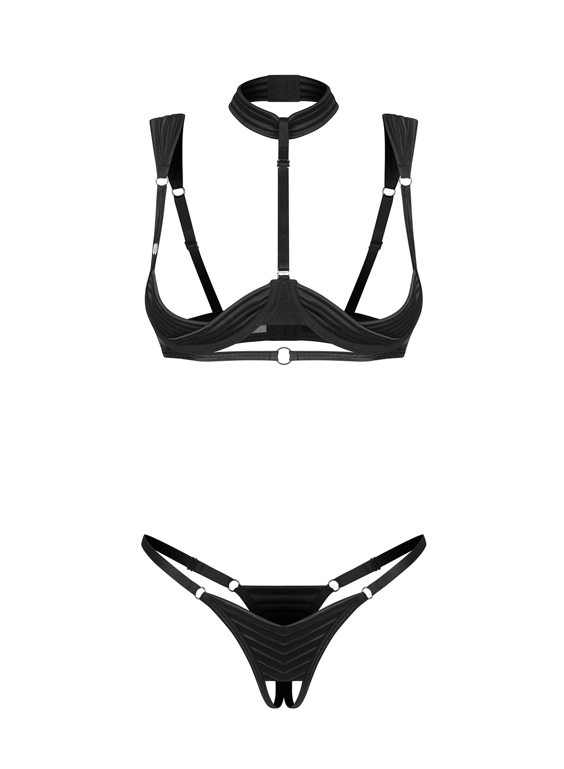 Obsessive Roccele komplet: biustonosz z chokerem i stringi z otwartym krokiem