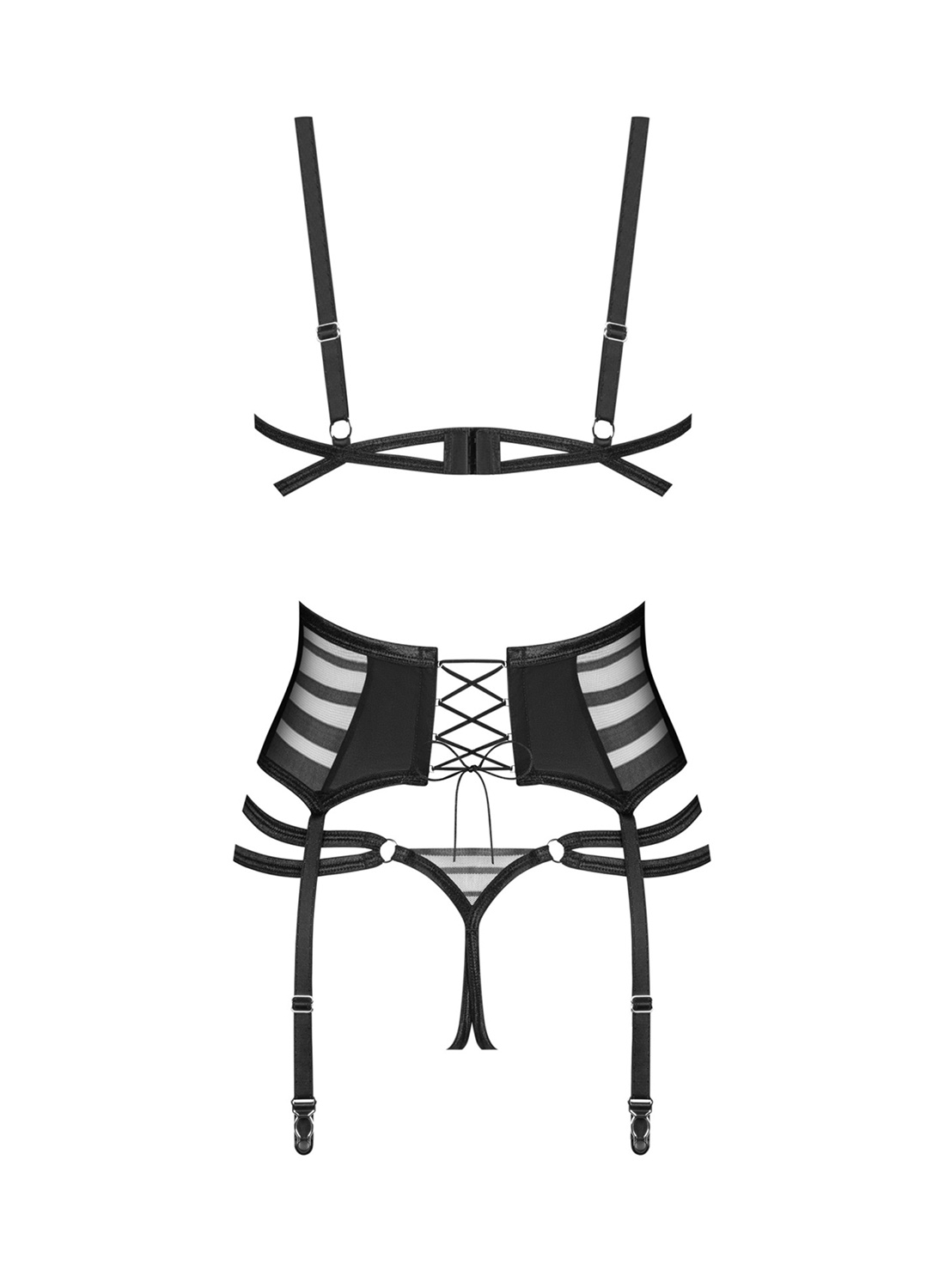 Obsessive Lune Bellis komplet: biustonosz, pas do pończoch i stringi z otwartym krokiem