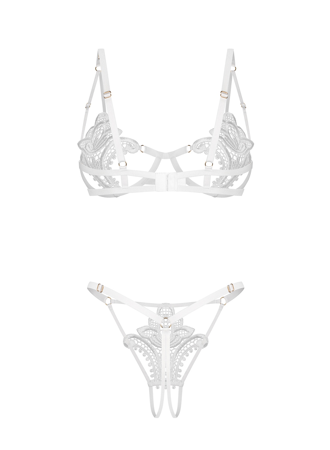 Obsessive Luise Sublim White komplet: otwarty biustonosz i stringi z otwartym krokiem