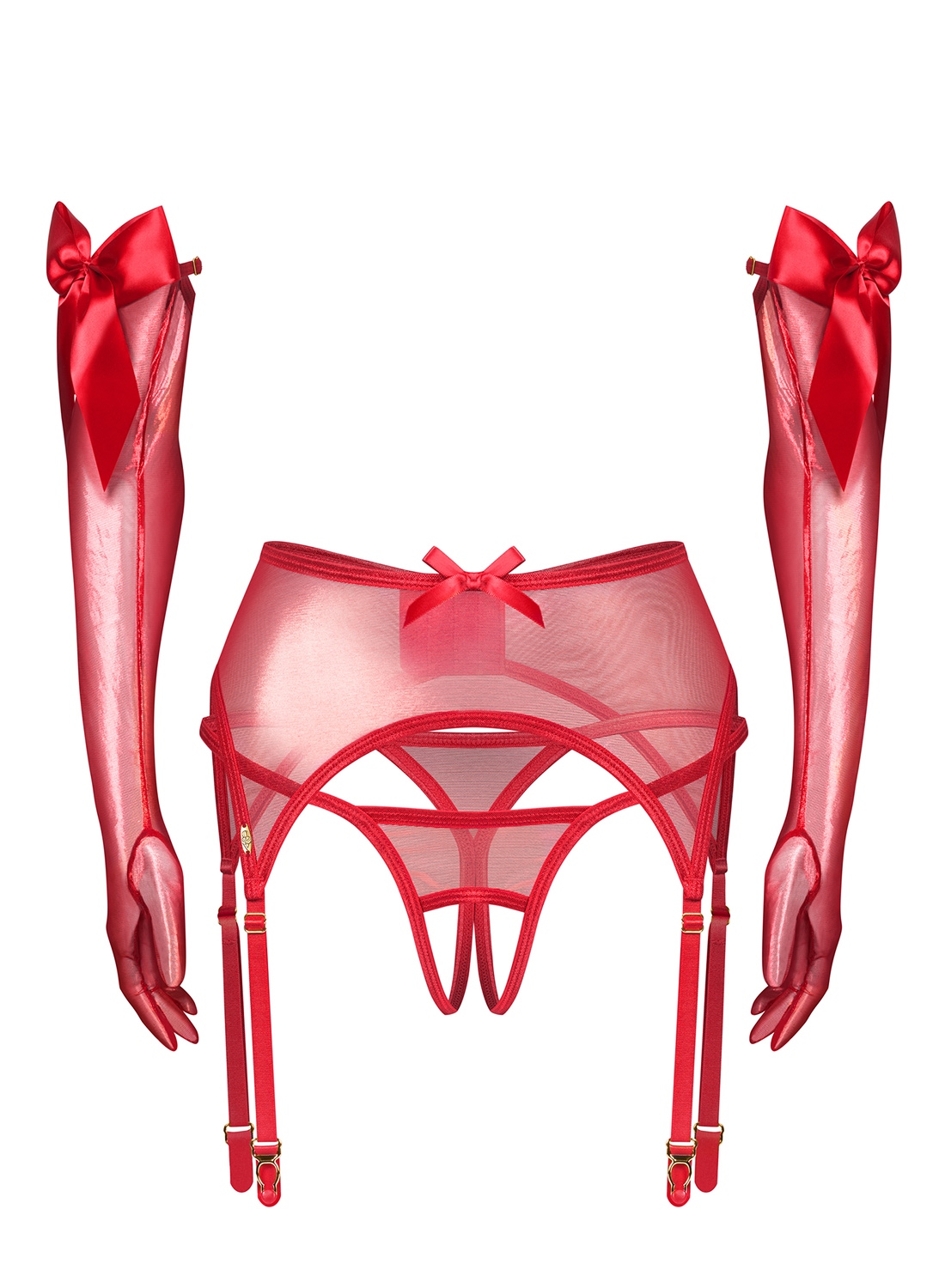 Obsessive Gifty Red komplet: rękawiczki, pas do pończoch i stringi z otwartym krokiem