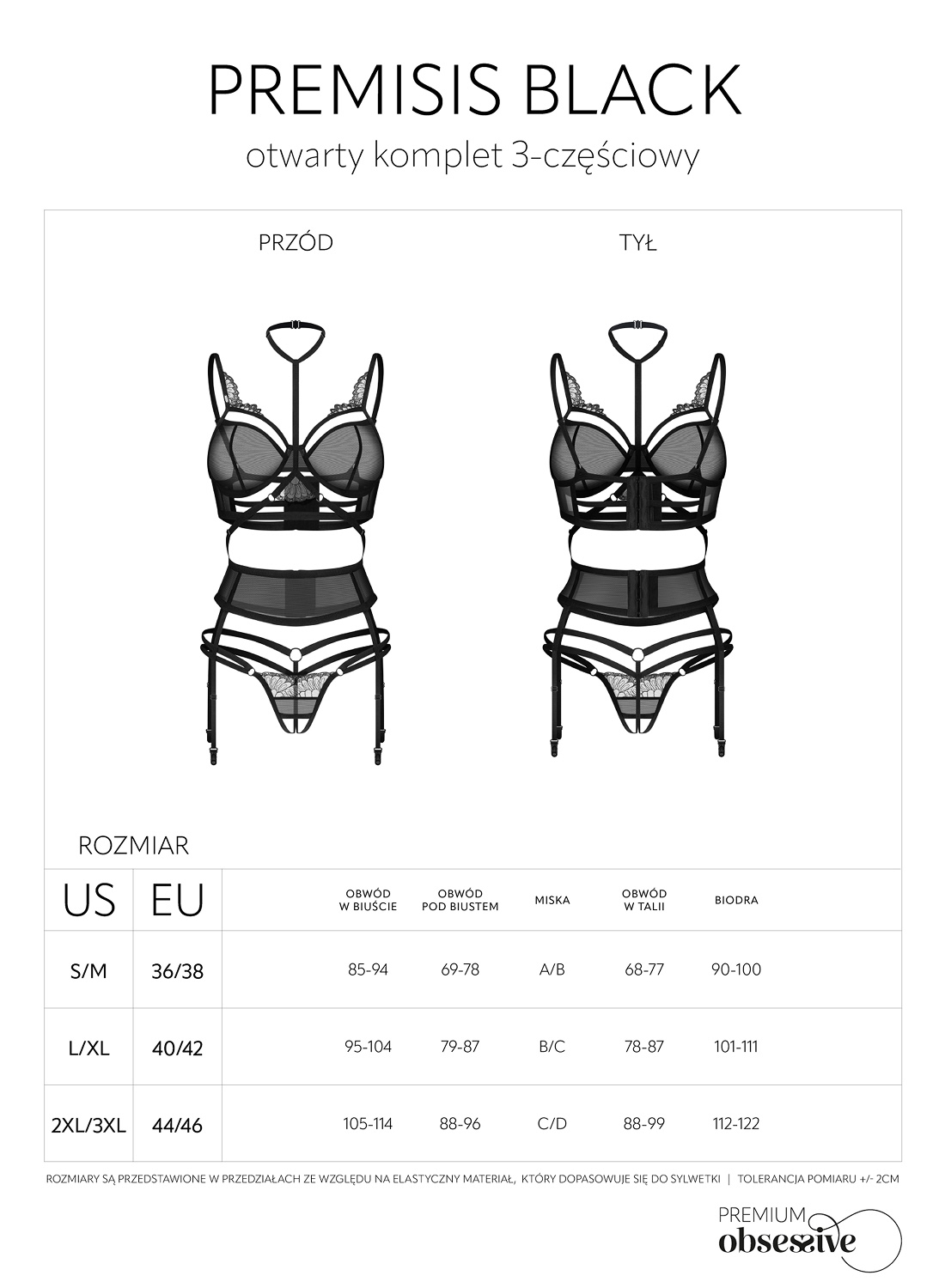 Obsessive Premisis Black komplet: biustonosz, pas do pończoch i stringi